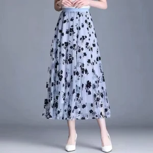 High Waist Casual Breathable Long Chiffon Skirt Women Spring Summer Elastic A line Midi Skirt