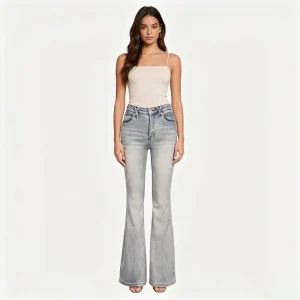 High Waist Flared Blue Denim Women’s Jeans Breathable Tight Design Plain Dyed Vintage Quick Dry for Tall Women