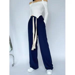 High Waist Ladies Lounge Wear Women Wide Leg Pants Soft Cotton Breathable Loose Casual Trousers