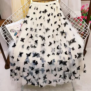 High Waist Long Mesh Skirt Elastic Women Pleated A-line Skirt Princess Long Mid-length A-line Skirts