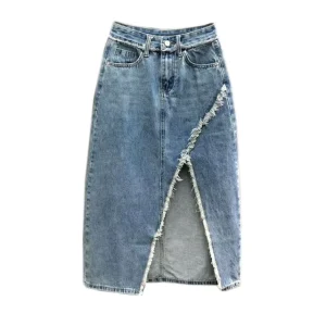 High Waist Midi-length Skirt With Irregular Split Fur Edge Design Fashion Casual Women’s Skirt