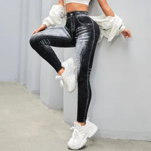 High Waist Pull Up Denim Print Performance Skinny Leggings Plus Size 4 Way Stretch Yoga Jeans For Women