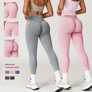 High Waist Push Up Leggings Slim Workout Ribbed Leggings Sand Washed Running Sports Seamless Women Yoga Leggings