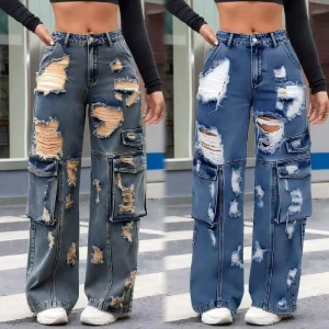 High Waist Self Cultivation Straight Loose Retro Hole Multi Pocket Cotton Breathable Women’s Workwear Jeans