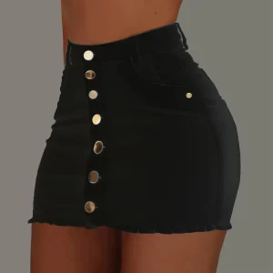 High Waist Short Solid Color Mini Skirt Single Breasted Skinny Women’s Button Denim Skirt With Pockets