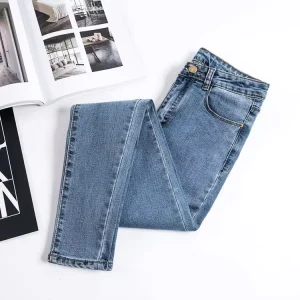 High Waist Skinny Straight-leg Plus Size Women’s Breathable Eco-Friendly Casual Denim Jeans Washed Button Dark