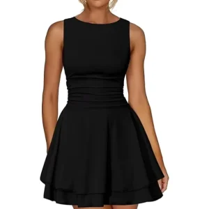 High Waist Tiered Mini Dress Women’s Sleeveless Round Neck Ruched Flared Vintage A-Line Party Summer Dress