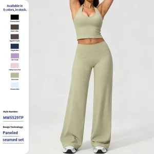 High Waist Wide Leg Pants & Square Neck Full Length Top Set Women’s Solid Breathable Yoga Workout Outfit 2 Piece Non See Through