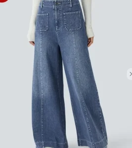 High Waist Women’s Jeans Wide Leg Denim Fabric Simple European American Hip Hop Washed Spring New Straight Style Loose Fit Solid