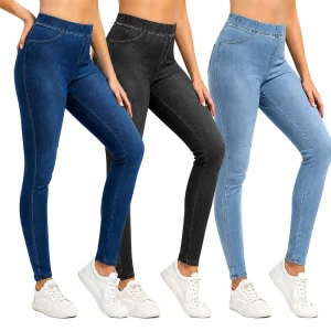 High Waisted Pull On Jeggings For Women Ankle Length Stretch Faux Denim Pants Tummy Control Wash Colors Skinny Yoga Jeans