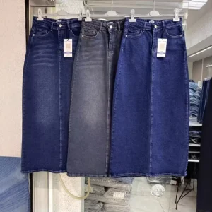 High Waisted Skinny Pencil Medium Wash Stretch Midi Women’s Denim Skirt Pockets Casual Office Vacation Wear