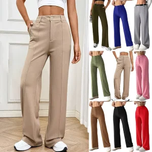 High-Waisted Women’s Casual Pants Comfortable Elastic Straight-Leg Pockets Autumn