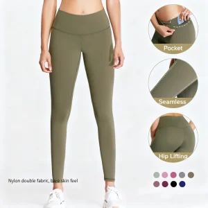 High Waisted Women’s Yoga Leggings with Pocket Seamless Hip Lifting Nylon Tights Bare Skin Feel Workout Pants for Gym Fitness