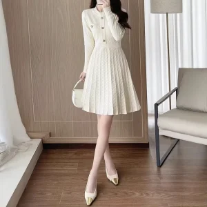 High end Autumn Winter for Style A Line Solid Neck Long sleeved Dress Women’s Elegant Waist Sweater Dress Knitted