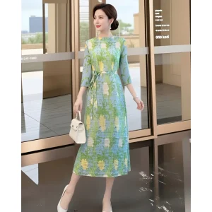 High-end Elegant Sweet A-Line Slim Fit Polyester Spring Women’s Miyake Large Size Party Blue Mid-length Dress New