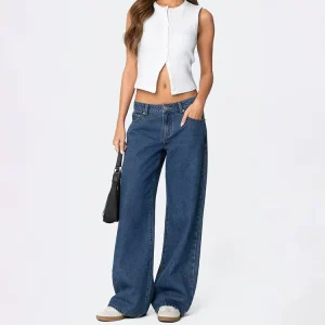 High end Y2K Baggy Medium Blue Light Blue Women’s Jeans For Spring Summer Low Rise Straight Leg Jeans For Women