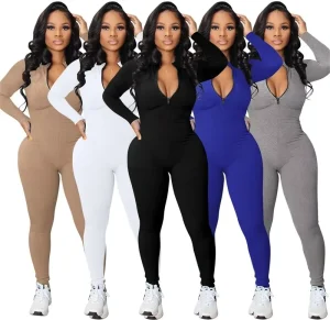 High quality Solid Color Sportswear Custom logo Zipper Jumpsuit Women’s Training Jogging