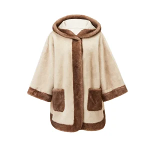 High quality Stylish Women’s Long Eco Friendly Thick Winter Coat with Contrasting Colors and Hood Made of Artificial Fur