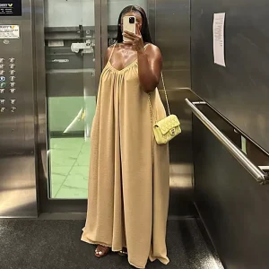 High quality Women’s Fashion Summer New Casual Temperament V neck Loose Suspender Dress Solid Color Maxi Floor length