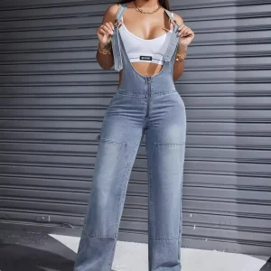 High waisted Denim Romper Adjustment Strap Sleeveless Non stretch Women’s Denim Overalls Jumpsuits