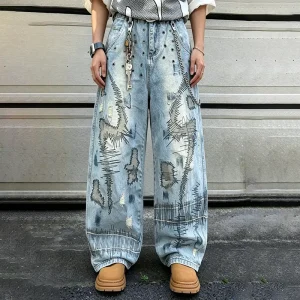 Hip Hop Eyelet Hole Embroidered Baggy Denim Pants Acid Wash Distressed Straight Wide Leg Jeans Trousers for Men