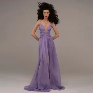 Hollow Elegant Dress Women’s Clothing Autumn Purple Chiffon Pleated Translucent Halter Women’s Dresses