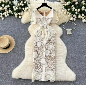 Hollow Out Lace Women’s Skirt Short Sleeved Elegant Party Slim Fit Mid Length Hip Hugging Dress