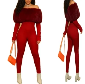 Hollow Sexy Jumpsuit Woman Furry Patchwork Slash Neck Full Sleeve Backless Skinny Peach Hip Street Fashion Overalls