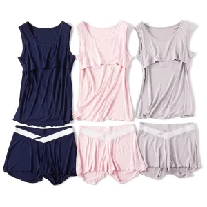 Home Suit Women’s Maternity Nursing Set Sleeveless 2 Piece Pregnant Women’s Sleepwear Cotton Breastfeeding Pajamas Set