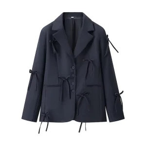 Homemade European American Style Women’s Fashionable Casual Single Breasted Solid Bow Decorative Hand Embroidery Blazer