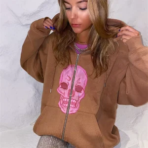 Hooded Loose Top Sweatshirt Women’s Long sleeved Cardigan Casual Printed Sports Blank Zip up Hoodie