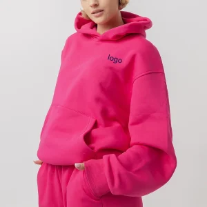 Hot Pink Women’s Hoodie Long Sleeve Cotton Fleece Drop Shoulder Big Pocket Ribbed Trims Women Hoodie