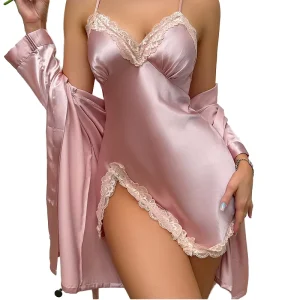 Hot Selling Women’s 2pcs Robe Nightgown Set High Quality Camisole Sleepwear Sexy Home Wear Lace Decoration Light Control Level