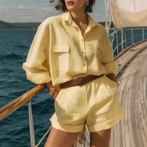 Hot Solid Color Long Sleeves Loose Fit Spring Summer Women’s Fashion Casual Shirt Set