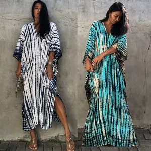 Hot Summer Rayon Cotton Casual Dress Bohemia Swimsuit Women’s Beach Wear Sun Protection Beach Kaftan Maxi Dress
