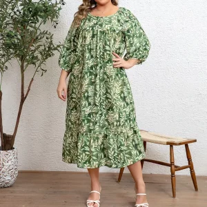 Hot Two Color Floral Printed Plus Size Women’s Spring Spring Dress O neck 3 4 Sleeves Loose Fit Midi Skirt Vacation Casual Wear