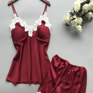 I 0414 Women’s Sleepwear Deep V Neck Pajama Sexy Girls Ladies Pyjamas Women Sleepwear Red Shorts Pajamas