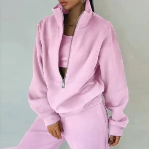 I 0639 Women’s Fitness Tracksuit Set Warm Long Sleeve Casual Crop Top Hoodie & Sweatpants Sportswear