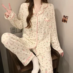 INS Style Satin Women’s Pajama Set Breathable Wrinkled Fabric Cardigan Long Sleeve Loose Fit Winter Loungewear