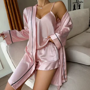 Ice Silk Pajamas Women’s Halter Shorts Nightgown Three piece Sleepwear Summer Comfort Outside Home Wear