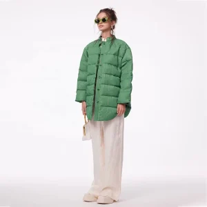 In Stock Autumn Winter Women’s Mid Length Down Jacket Neo Chinese Satin Quilted Coat Lightweight with Chinese Knot Buttons