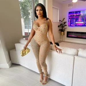 In Stock CY900953 Women’s Clothing Handmade Colorful Rhinestones Strappy Skinny One Piece Jumpsuit With Inner Bodysuit