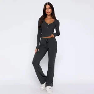 In Stock Casual Women’s Summer 2 Piece Long Nylon Cotton Loungewear Set Solid Color Ribbed V Neck Top Drawstring