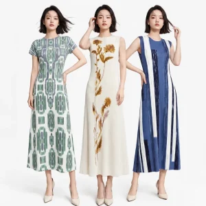 In Stock Custom OEM Chic Floral Woven Crepe Sleeveless High Stretch One Size Women’s Pleated Midi Dress