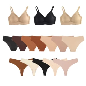 In Stock Fashion Deep V No Underwire Sexy Comfortable Everyday Wireless Seamless Breathable Bras Thong Panty Set Waist Detail