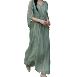 In Stock Sweet Anti static Mulberry Silk Twill Pleated A line Big Skirt Hem Greek Goddess Style Elegant Summer Dress