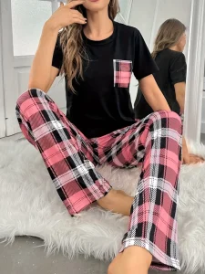 In Stock Women Pajama Set Plaid Print Short Sleeve Top and Pants All Season Thermal for Women’s Pajamas Set