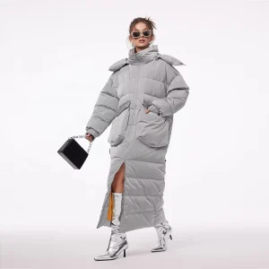 In Stock Women’s Oversized Long Down Coat Silver Gray Shiny Waterproof Puffer Jacket Over Knee Winter Warm Outerwear