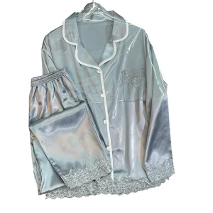 Ins High class Sense of Simplicity and Leisure Women’s Pajamas Long sleeved Trousers Ice Lace Lace Lapel Loungewear