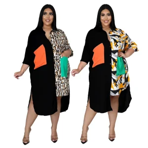 Irregular Color Matching Plus Size Women’s Clothing Fashion Long Sleeve Plus Size Shirts Dress